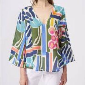 120% Lino Multicolor Abstract Linen V Neck Bell Sleeve Top Excellent Size 48